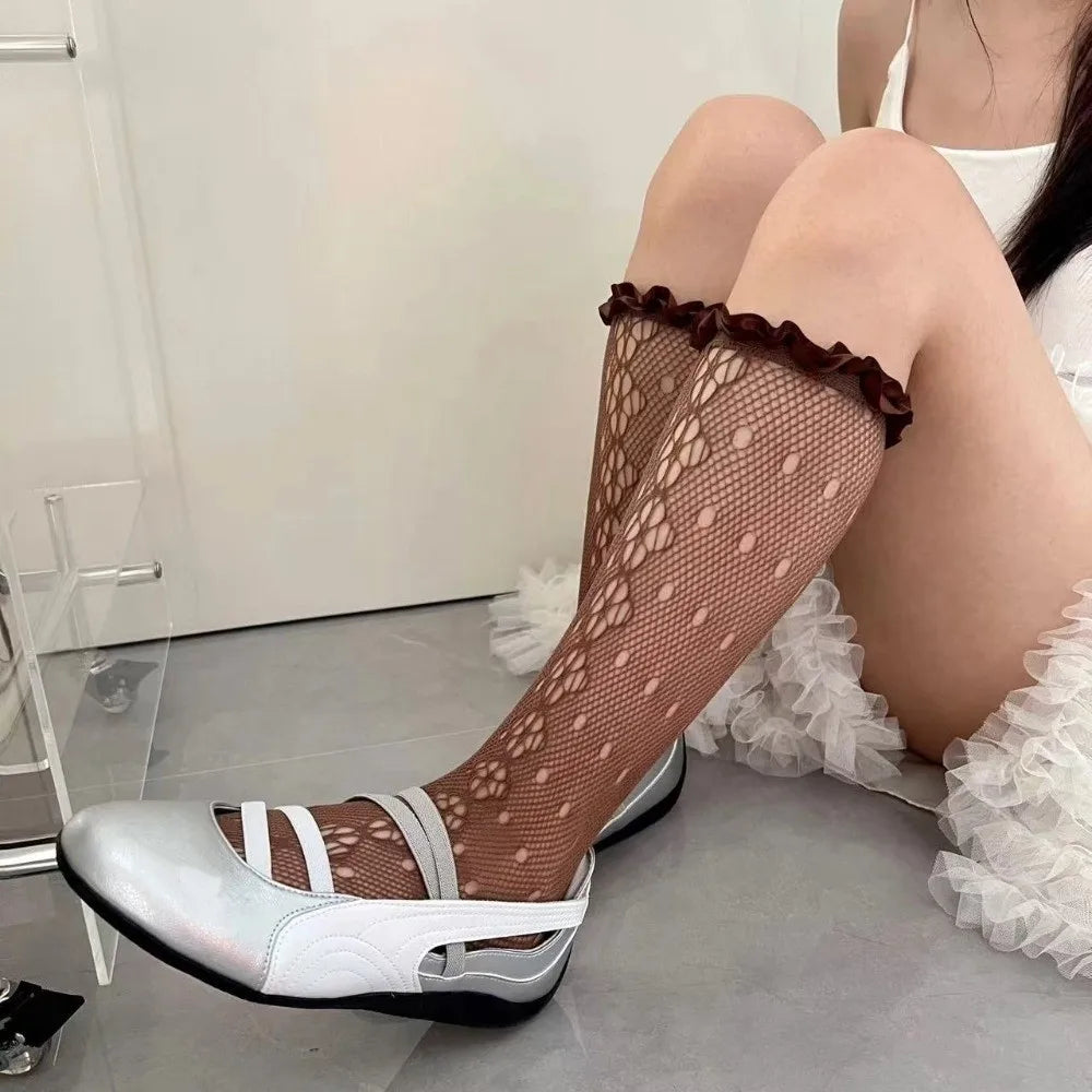 Sexy Solid Color Women's Stockings Lace Hollow out Pile Calf Socks Thin Korean Knee Highs Socks Girl Stockings
