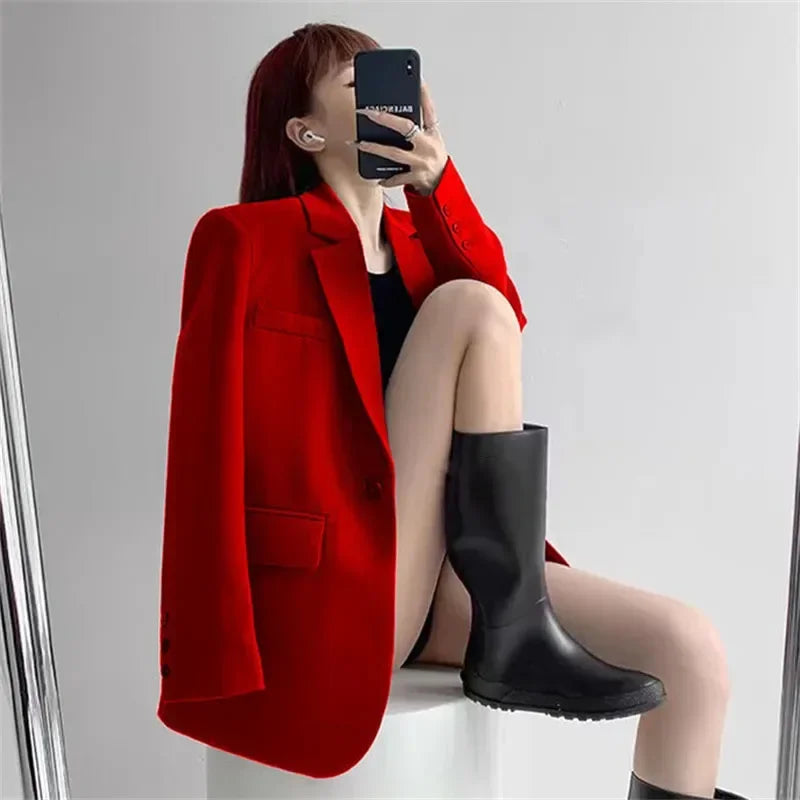 Lucyever Vintage Women's Blazer Fashion Streetwear Loose Long Sleeved Blazers All-Match Casual Single Button Office Lady Coat