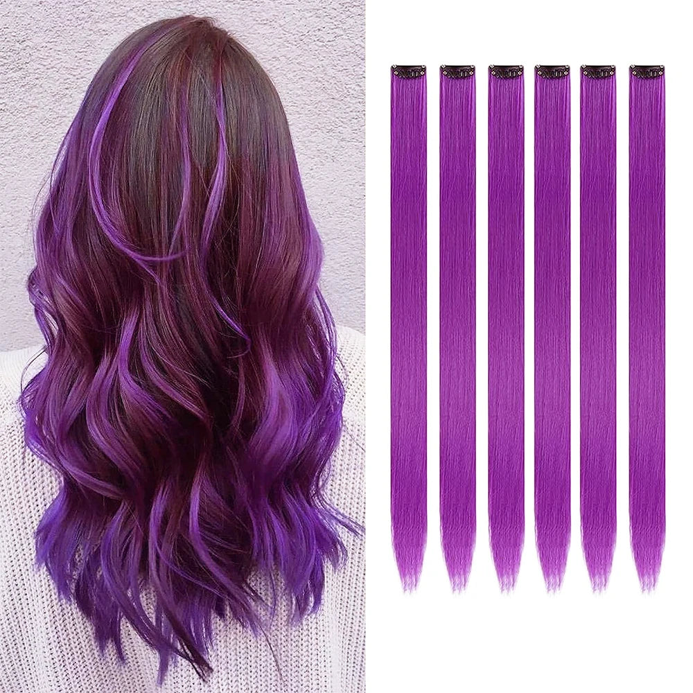 Clip in Hair Extensions Colored Party Highlights 22 inches 6pcs/pack Multi-colors Straight Hair Synthetic Hairpieces Royal Blue