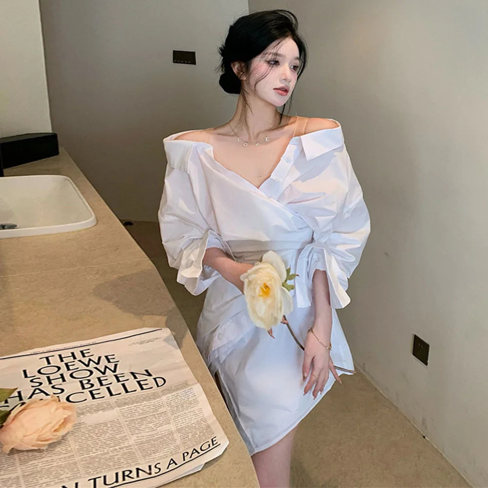 Elegant Korean Dress For Women V Neck Long Sleeve Off Shoulder High Waist Solid Mini Shirt Dresses Female Clothing 2023 Fashion