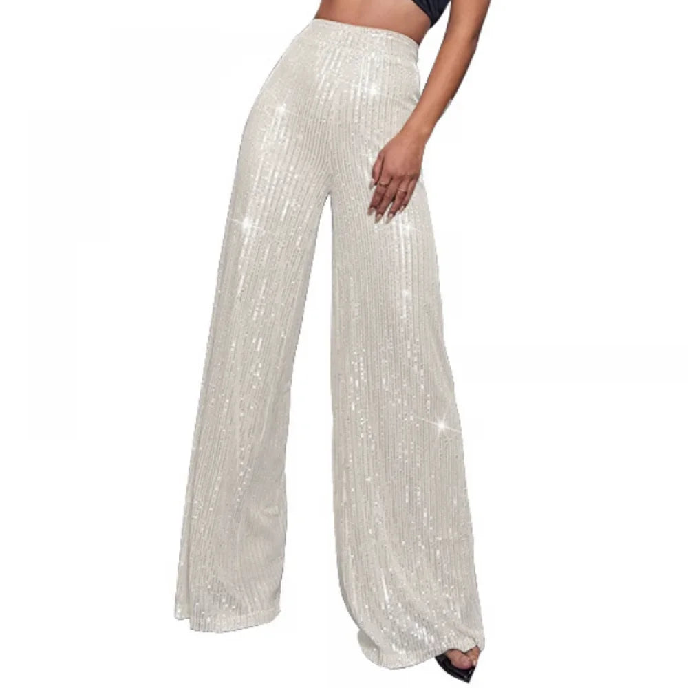 New Women Casual Sequin Sparkle Glitter Pants High Waist Flared Pants Elastic Loose Wide Disco Trousers Clubwear  Costumes