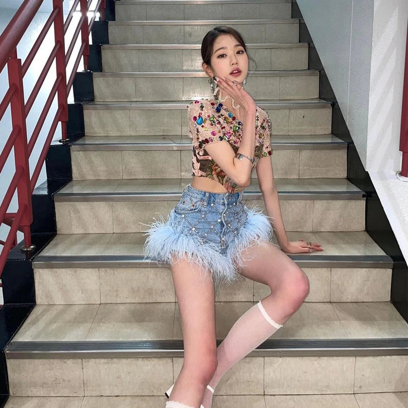 Rhinestone Crop Top & Feather Skirt Set | Inspired by Wonyoung