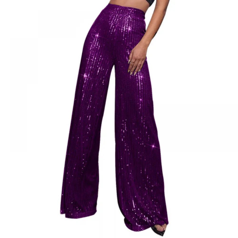 New Women Casual Sequin Sparkle Glitter Pants High Waist Flared Pants Elastic Loose Wide Disco Trousers Clubwear  Costumes