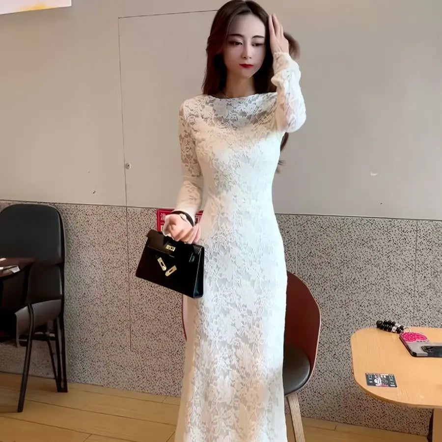 French Lace Long Sleeved Dress for Autumn Winter with a Slim Fit Waist Cinching Slimming Effect Fish Tail Wrapped Long Skirt