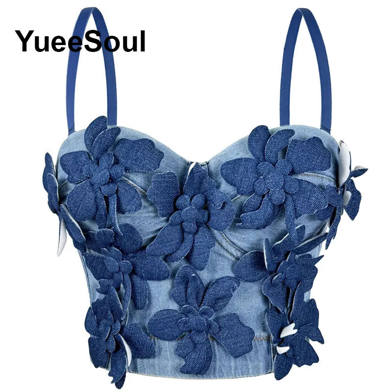 Denim Crop Tops Pearl Tassel Diamond Flower Blue Sleeveless Sexy Corset 2000s 2026 Summer New Y2K Party Evening Woman Clothes
