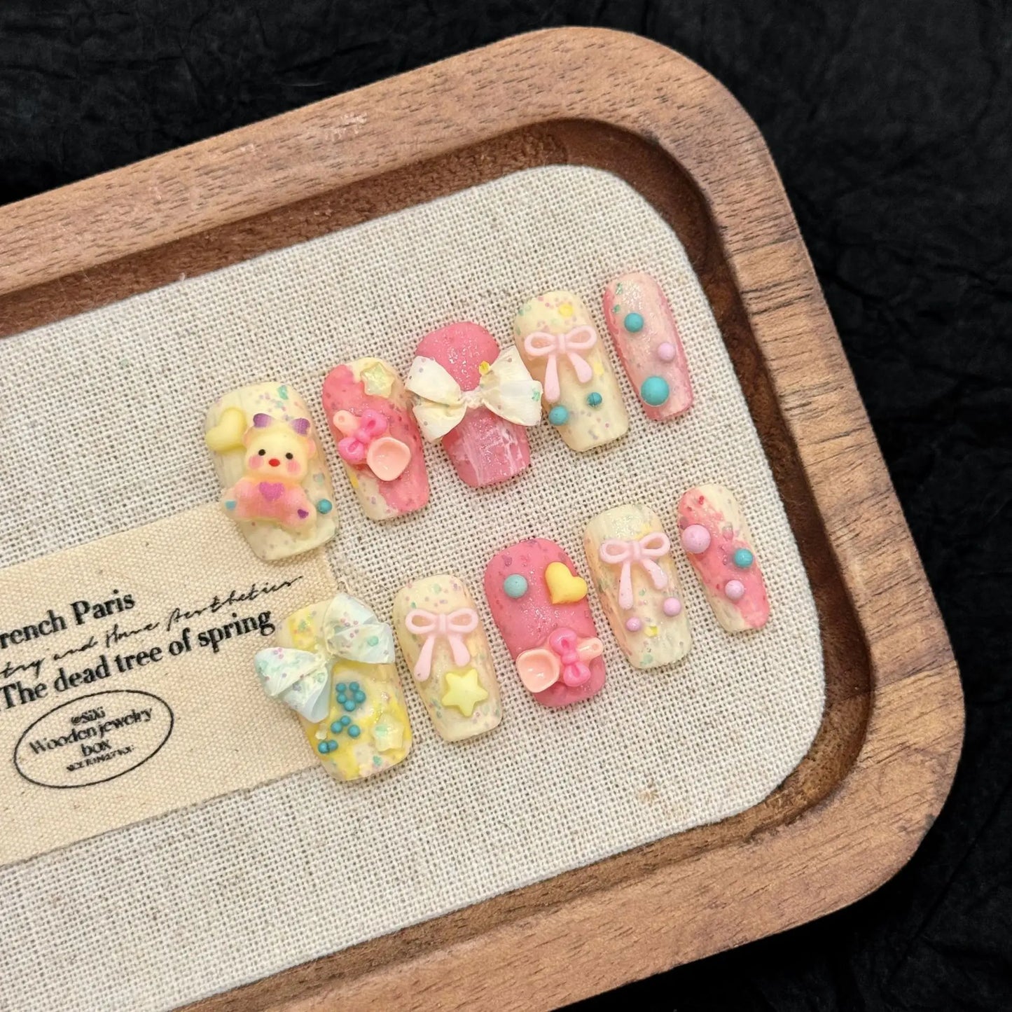 10pcs Handmade Pink Press on Nails Sweet Cute Strawberry Bow Decor Fake Nail Tips Wearable 3D Cute Rabbit Korean False Nails