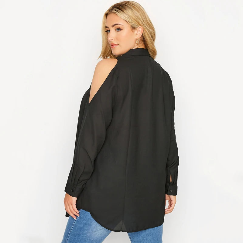 Plus Size Cold Shoulder Drop-Shoulder Long Sleeve Button-Front Office Blouse | Inspired by Beren Saat