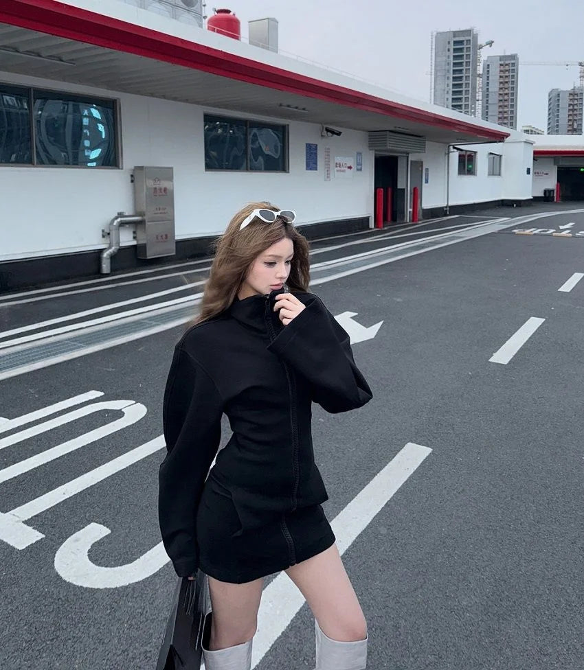Japanese Harajuku style hot girl Y2K retro stand up collar big zipper black elastic body women's hoodie autumn hot girl tops emo