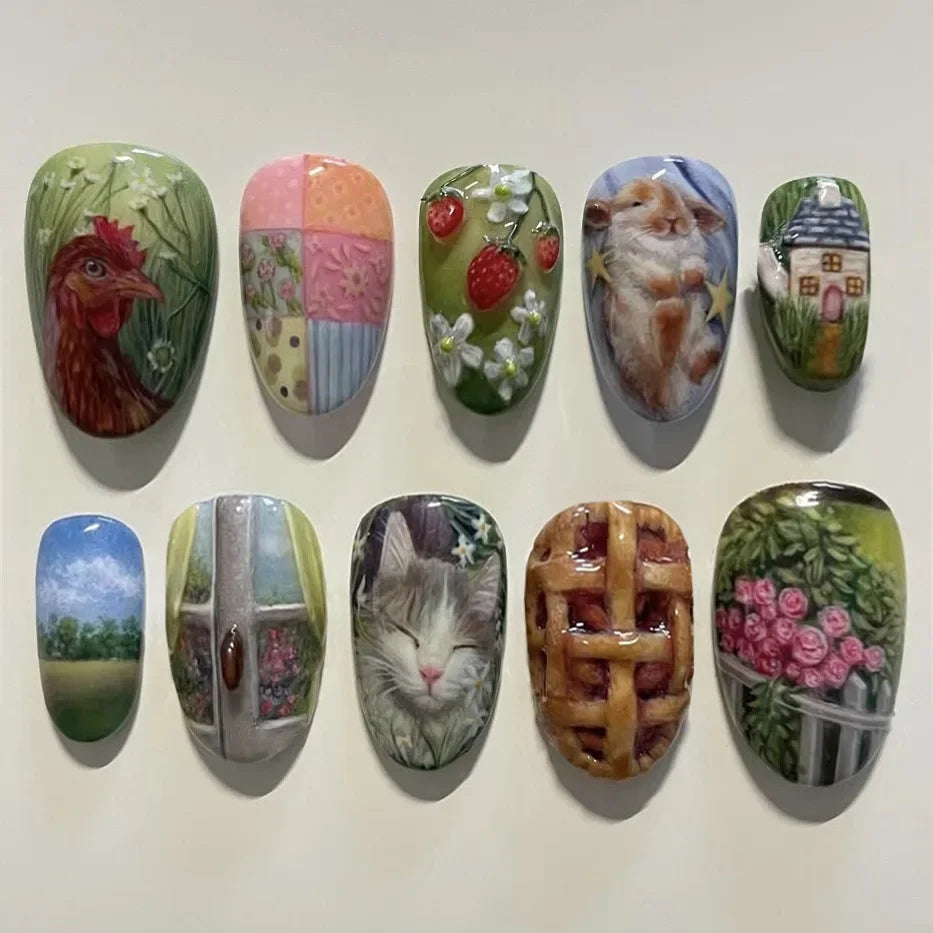 24pcs White Flower Fake Nail Tips Ins Yellow Pink Blush False Nails Wearable Full Cover European Almond Shaped Press on Nails