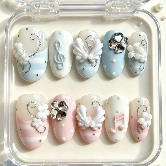 10 pieces of hand pressed oval nails, beautiful fake nails, pink blue clover, suitable for women to use