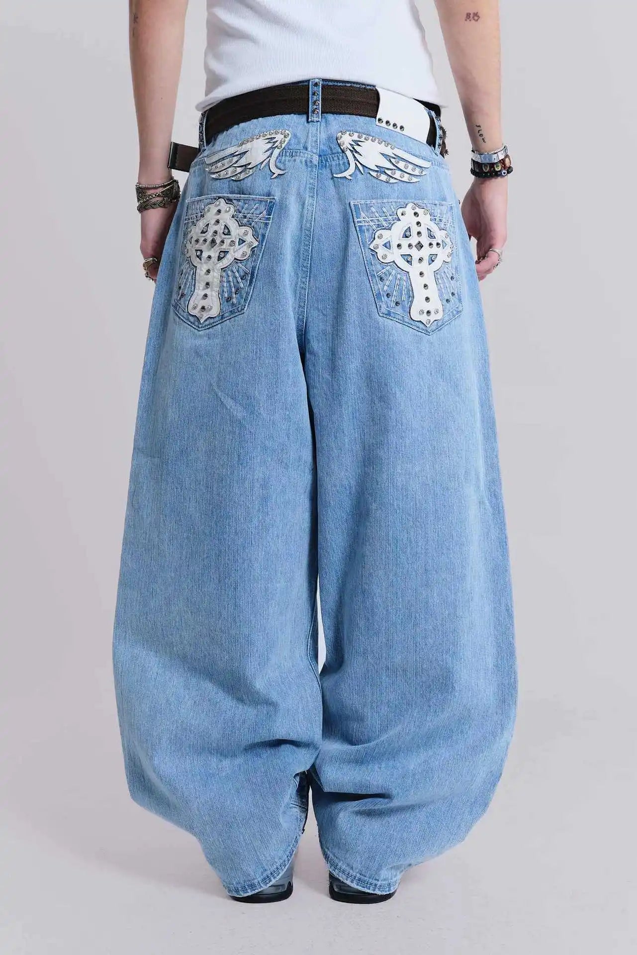 Gothic Cross Rhinestone Wide Leg Jeans Unisex Black Denim Pants Pink Wing Embroidery Oversized Streetwear Y2K Trousers