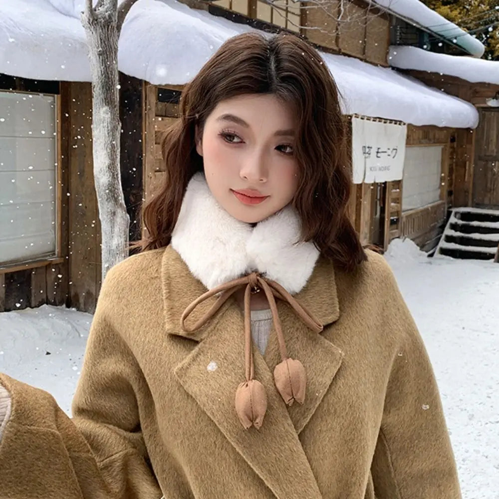 Sweet Rabbit Fur Earmuffs Multi Functional Headband Warm Scarf Tulip Flower Tether Neckerchief Fur Neck Warmer Daily Use