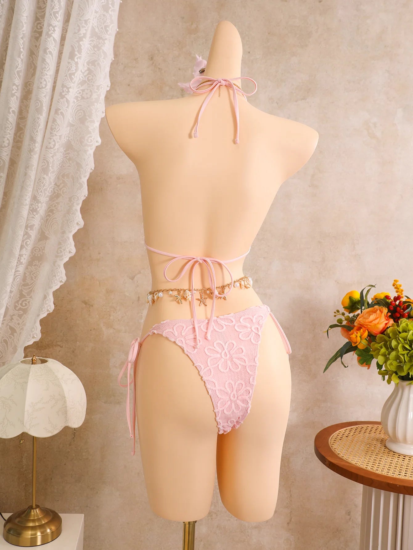 Sexy Pink Floral Embroidery Bikinis Sets 2026 Women 3D Flower Push Up Bra Swimsuit Bathing Suit Pleate Skirt 3 Piece Swimwear