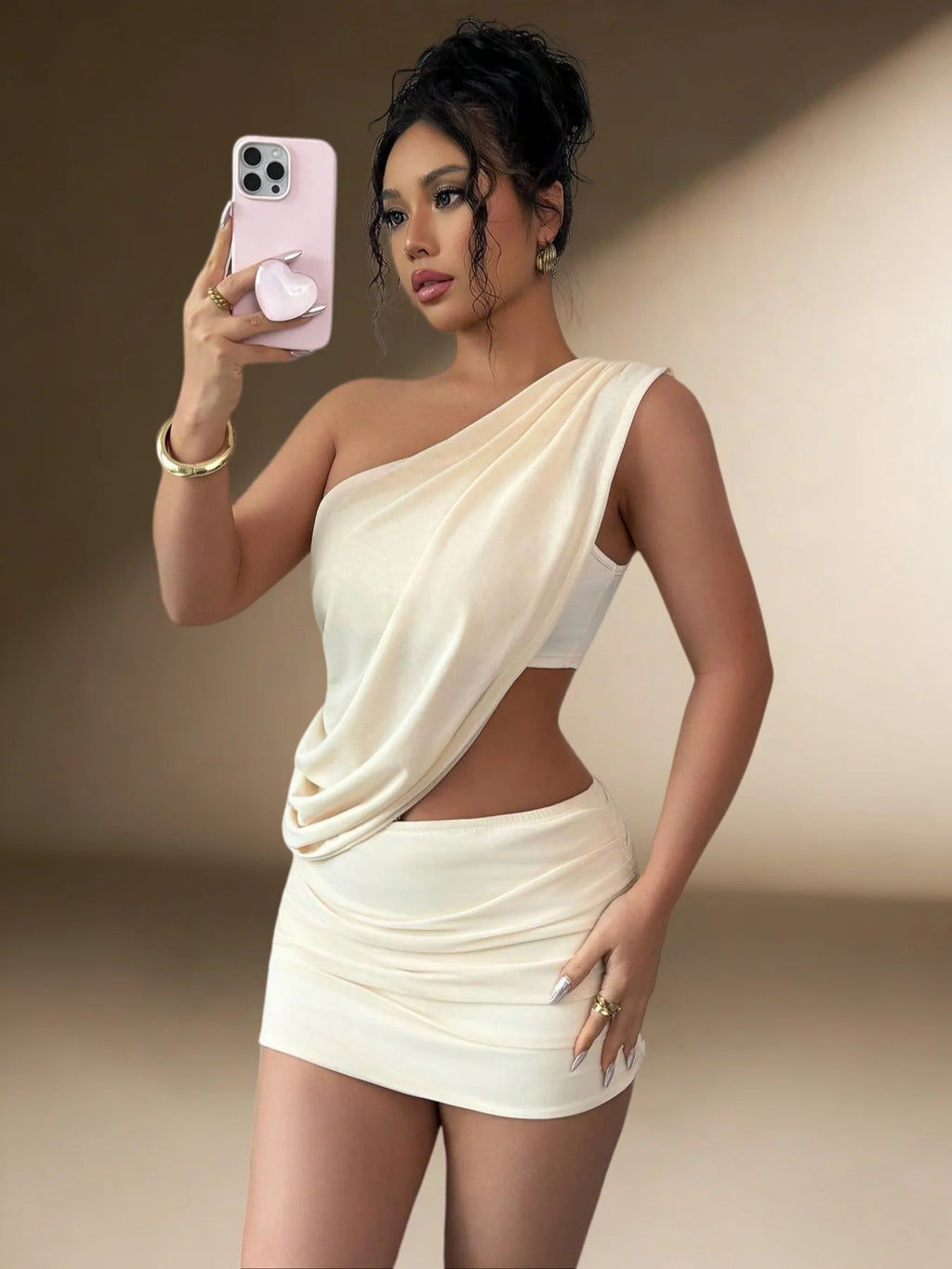 One Shoulder Draped Cutout Waist Ruched Bodycon Mini Skirt Set | Inspired by Beren Saat