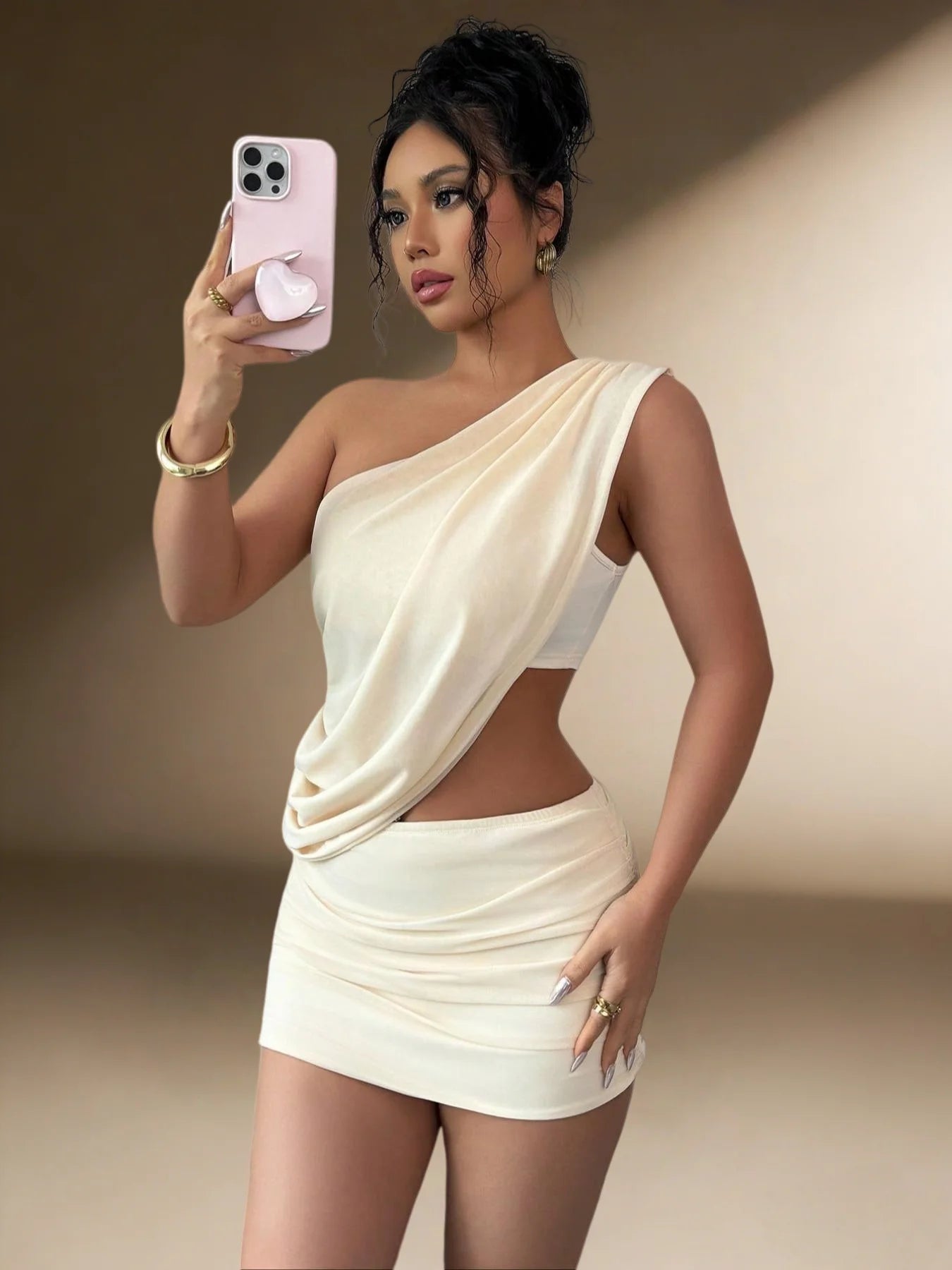 One Shoulder Draped Cutout Waist Ruched Bodycon Mini Skirt Set | Inspired by Beren Saat