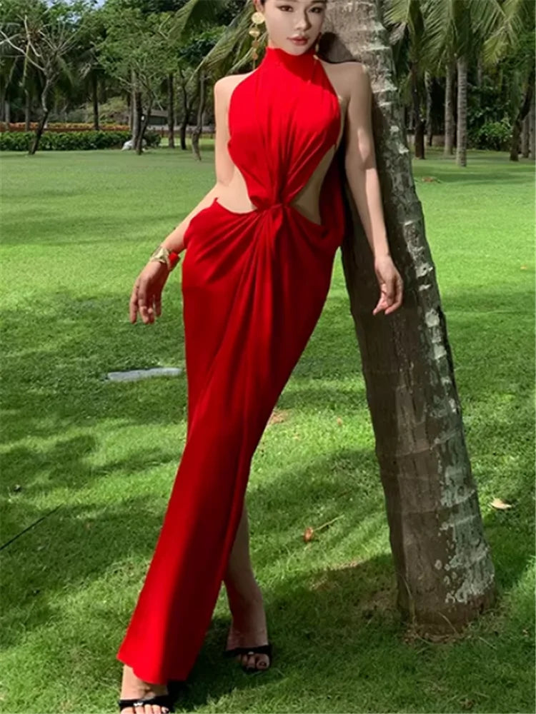 Island Seaside Vacation Sleeveless Open Back Red Long Dress 2026 New Summer Stunning Women Halter Hollow Out Waist Beach Dress