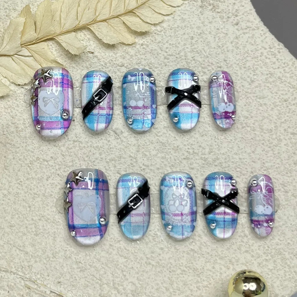 Y2K Neon Blue Pink Checkered Oval Press On Nails Handmade 3D Star Stud Bow Cherry Short Cute Baddie Cat Eye Glitter Fake Nails