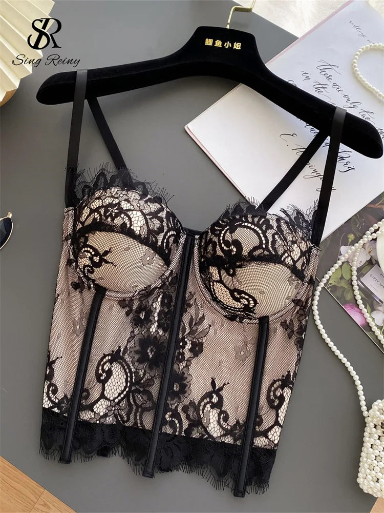 SINGREINY Vintage French Style Sensual Camisole Fashion Outwear Sheath Camis Women Embroidery Retro Sheath Backless Lace Camis
