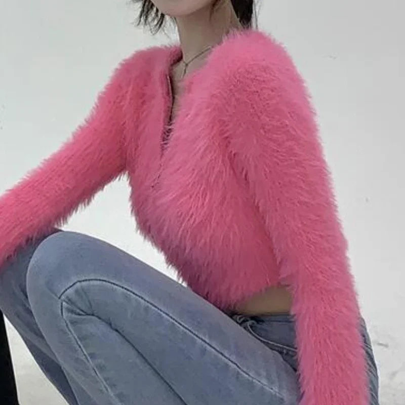 OL Korean Fashion Zipper Fluffy Cardigan Woman Autumn O Neck Long Sleeve Office Sweater Women Sweet Cropped Top Dropshipping