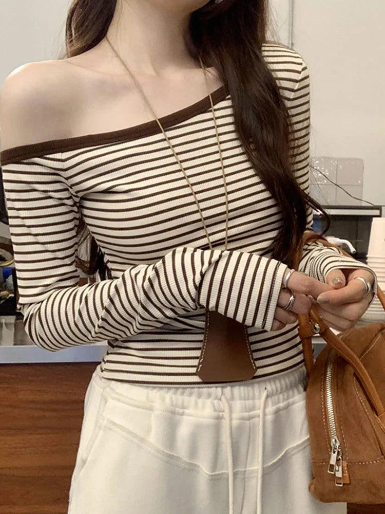 2025 New Spring Summer Vintage Striped Women's T-shirt Long Sleeve One Shoulder Casual Korean Bottom Shirts Tops Female
