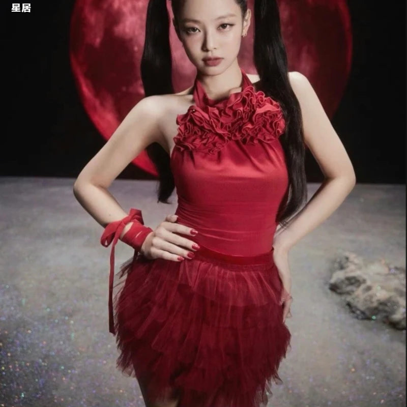Kpop Korean Women Group Y2k Jazz Dance Costume Red Flower Halter Vest Crop Top Lace-Up Puffy Skirt Club Stage Performance Outfit