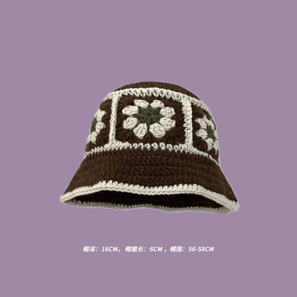 2023 Autumn New Crochet Korean Handmade Bucket Hat Women Weaving Knitted Hat  Fashion Flowers Autumn Winter Beanies Basin Cap