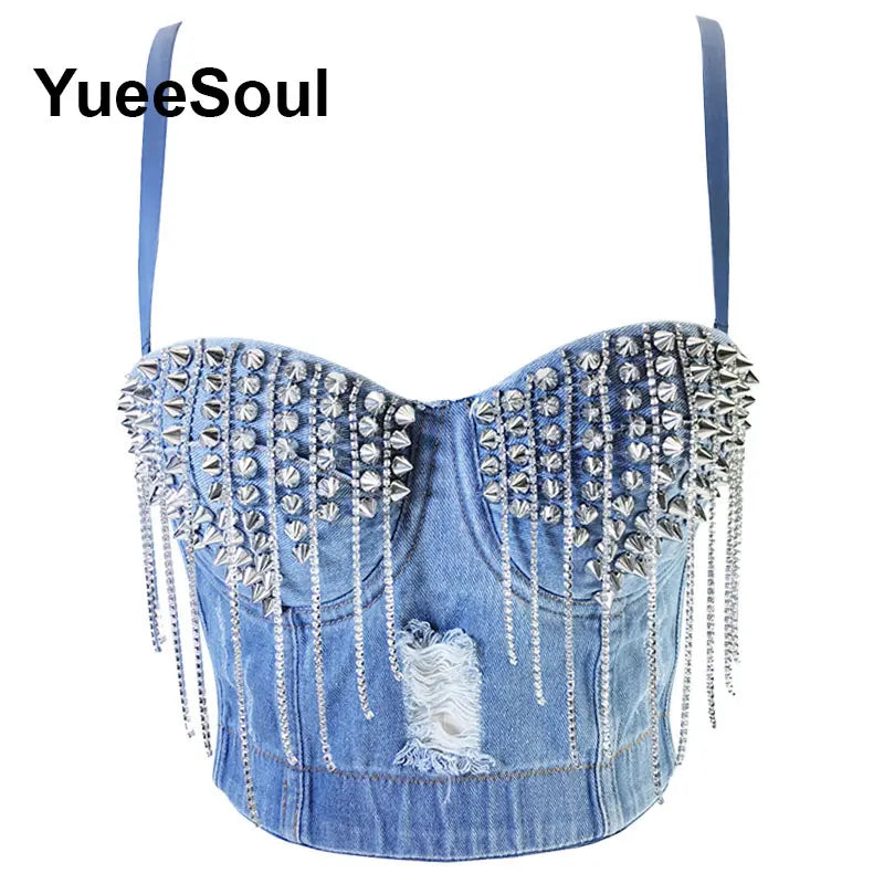 Denim Crop Tops Pearl Tassel Diamond Flower Blue Sleeveless Sexy Corset 2000s 2026 Summer New Y2K Party Evening Woman Clothes