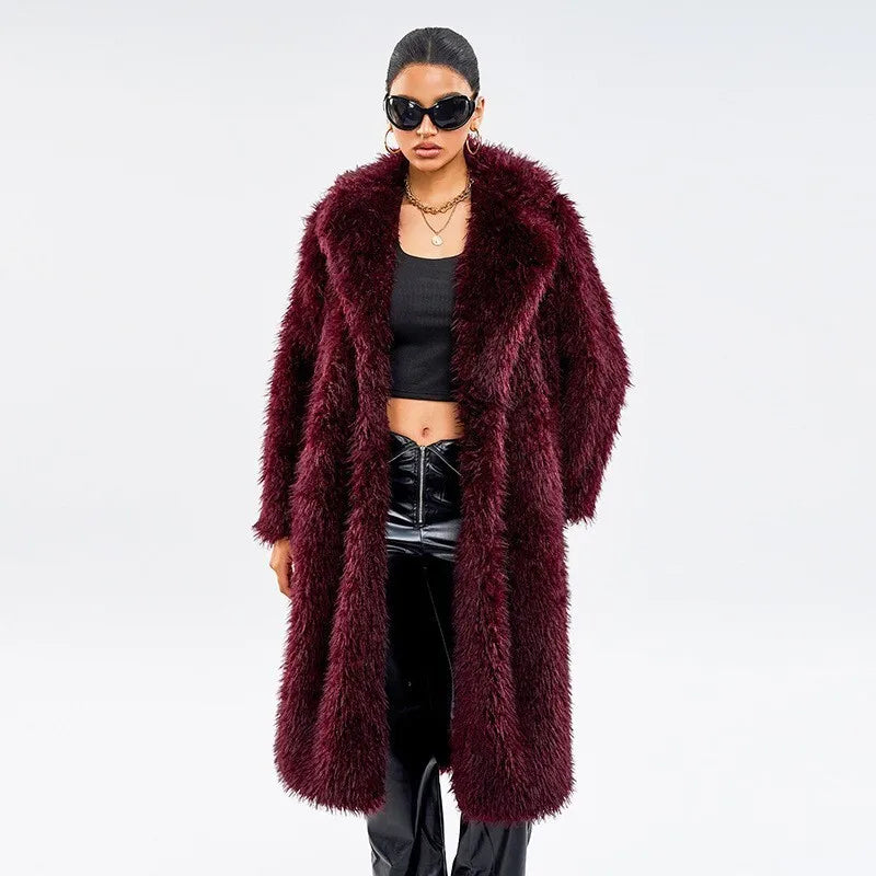 DEAT Fashion Gray Long Imitation Fur Coat Women's Lapel Loose Long Sleeves Plush Thick Overcoat Winter New 7A1438