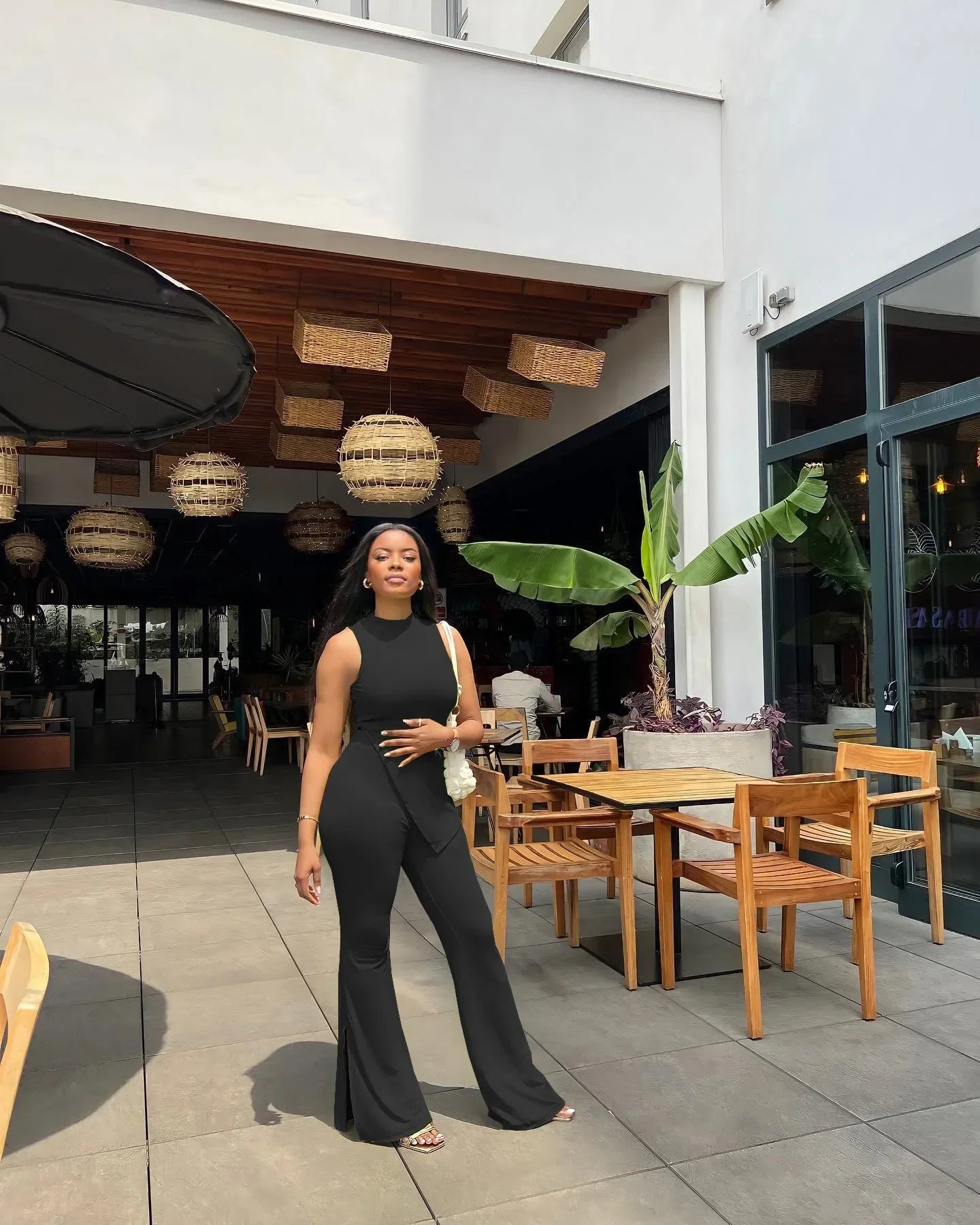 Two Piece Sets Women Pant Sets Elegant Bodycon Pants Sleeveless Matching Sets Sexy Side Irregular Tank Top Flare Leg Tracksuit