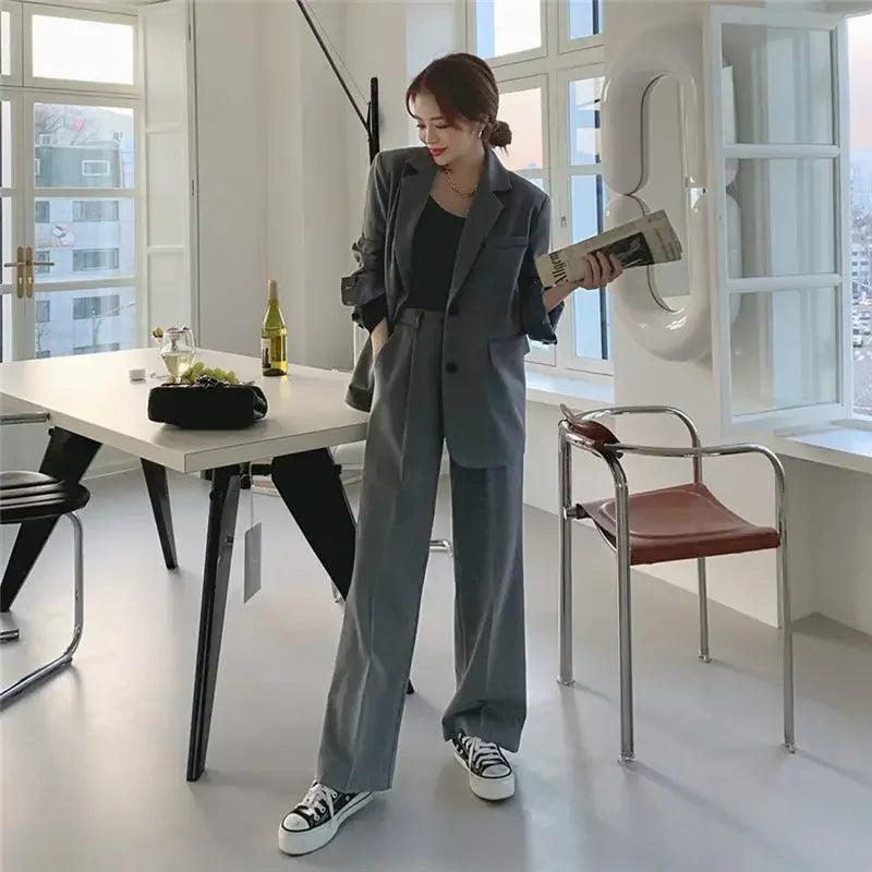 Insozkdg 2024 Autumn Winter Retro Casual Long Sleeves Jacket + Wide-leg Pants Commuter Solid Color Single-breasted Two-piece Set