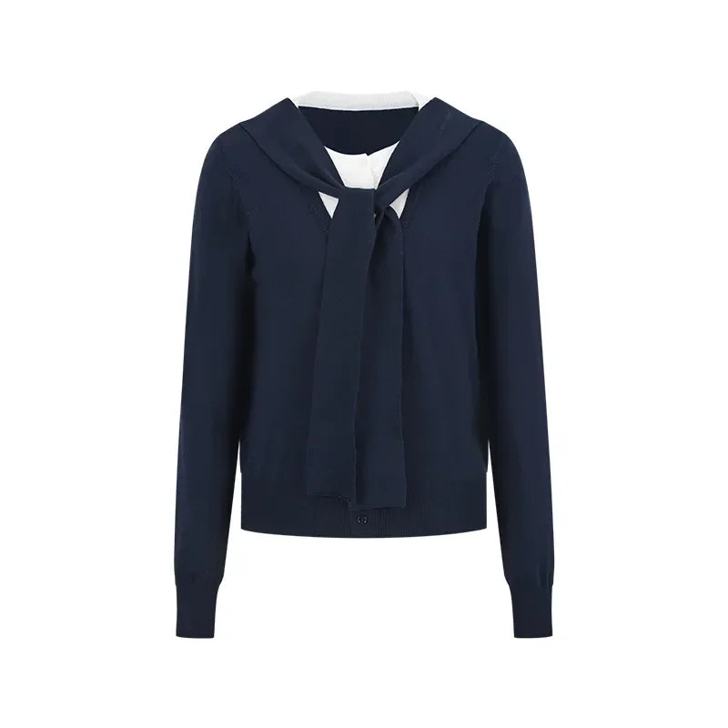 Women Korean Contrast Fake Two Piece Knit Top Autumn Tie Sailor Collar Long Sleeve Sweater