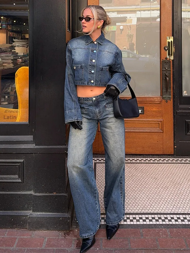 Lapel Woman's Denim Short Jacket Pants 2 Piece Sets Vintage Long Sleeves Denim Short Tops Dragging Baggy Low Rise Jeans Pants