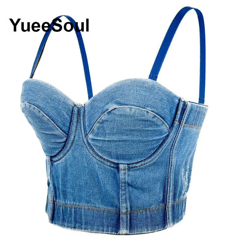 Denim Crop Tops Pearl Tassel Diamond Flower Blue Sleeveless Sexy Corset 2000s 2026 Summer New Y2K Party Evening Woman Clothes