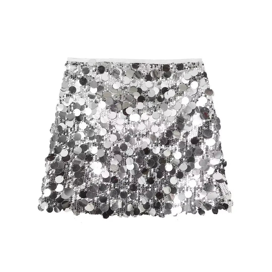 Women Fashion With Sequined Solid Side Zipper Mini Skirt Vintage High Waist Female Chic Lady Skirts