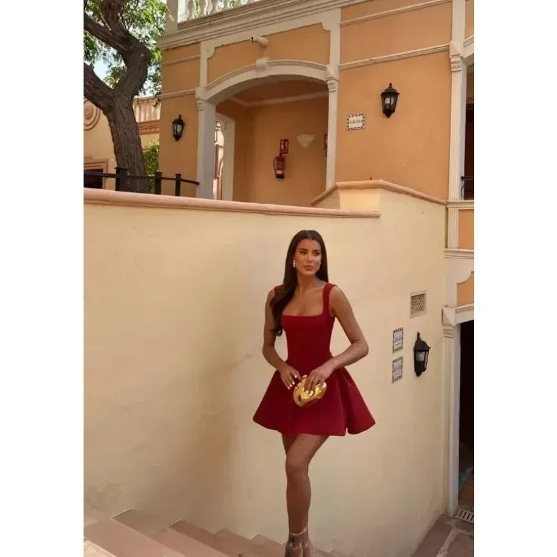Women's Square Neck Suspender Dress, Slim Sleeveless Short Dresses, Chic Ladies Evening Party Robes, Sexy Red, Elegant, Summer,