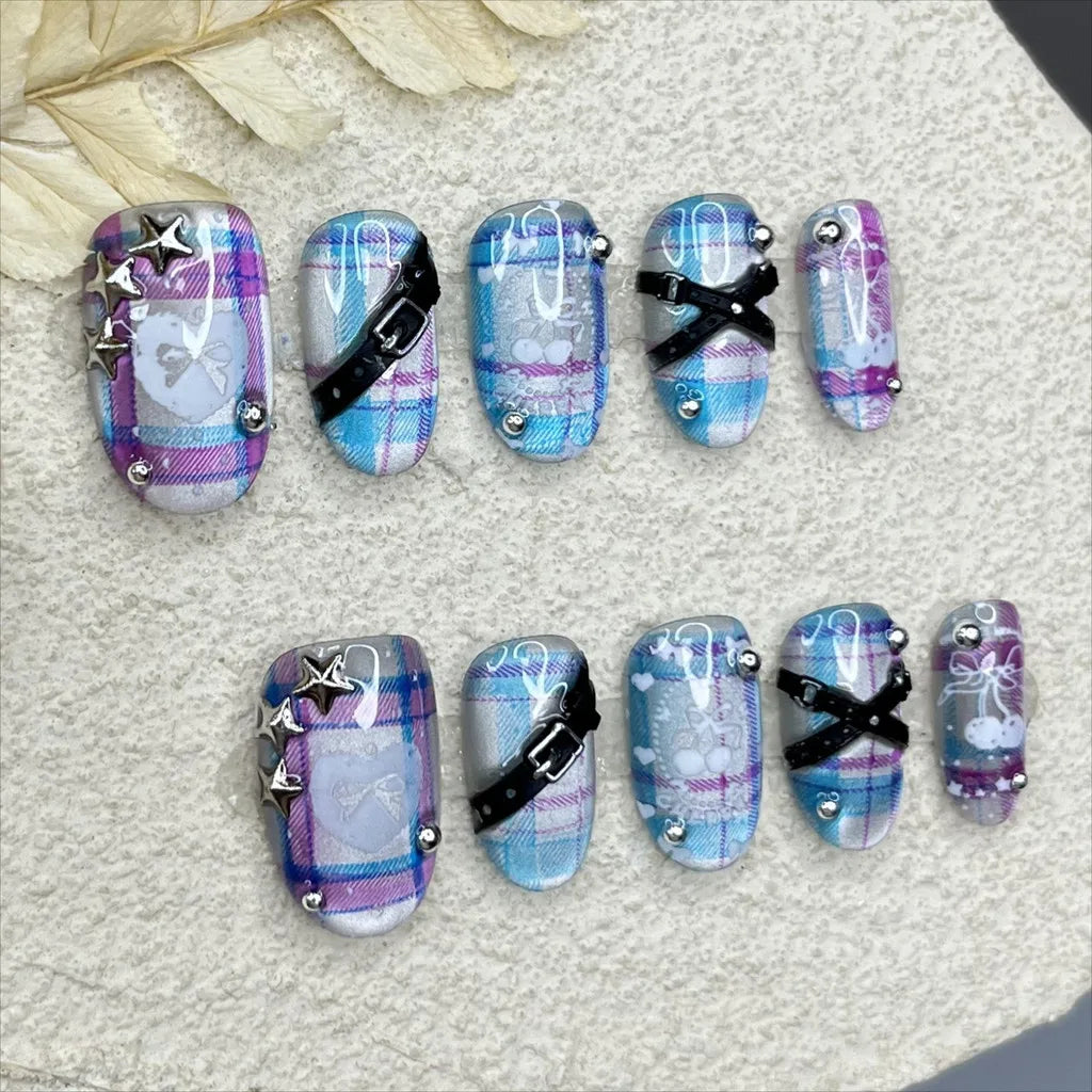 Y2K Neon Blue Pink Checkered Oval Press On Nails Handmade 3D Star Stud Bow Cherry Short Cute Baddie Cat Eye Glitter Fake Nails