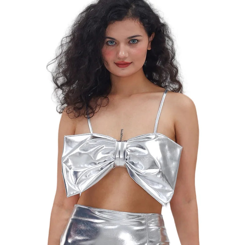 Bow Tie Sexy Spaghetti-strap Top Gilded Lacquered Costume Stage Performance Outfits Sweet Clothes for Women Summer