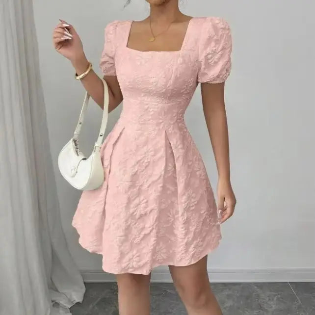 Smvp Ladies' light blue jacquard A-line dress, square neck, puffed sleeves, high waist, elegant and casual short dress