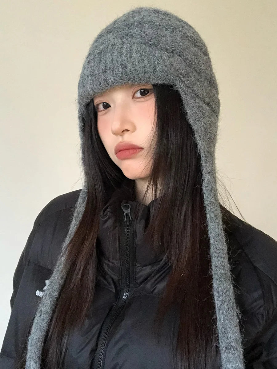 Grey Thickened Knitted Hat With Ear Protection For Women New Autumn And Winter Style Warm And Slimming Versatile Beanie