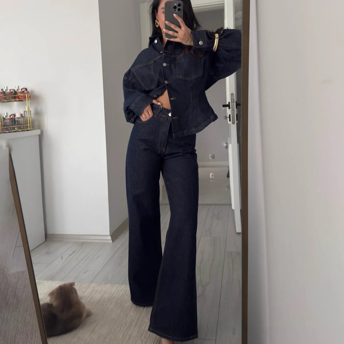 KT Dark Blue Denim Suit Women Oversized Puff Sleeve Fitted Denim Jacket & High Waist Wide Leg Pants 2026 New Arrival