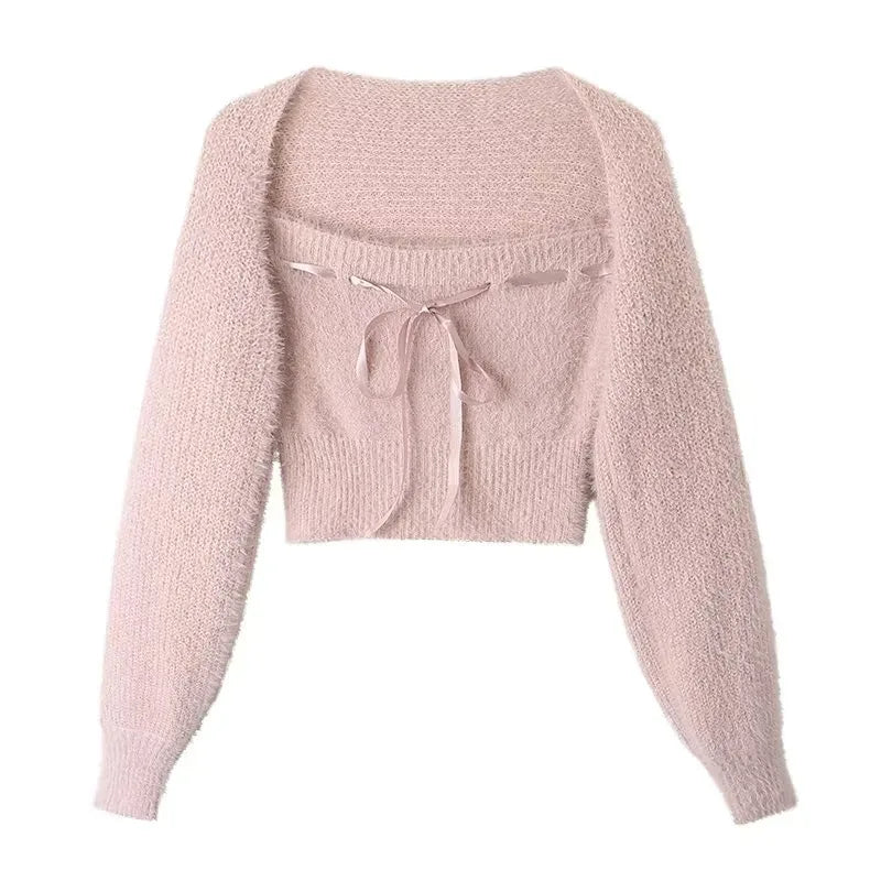 Autumn and Winter Soft Imitation Mink Fur Strap Knitted Top, Sweet and Spicy Long Sleeved Knitted Shawl+Tied Bow Strapless Vest