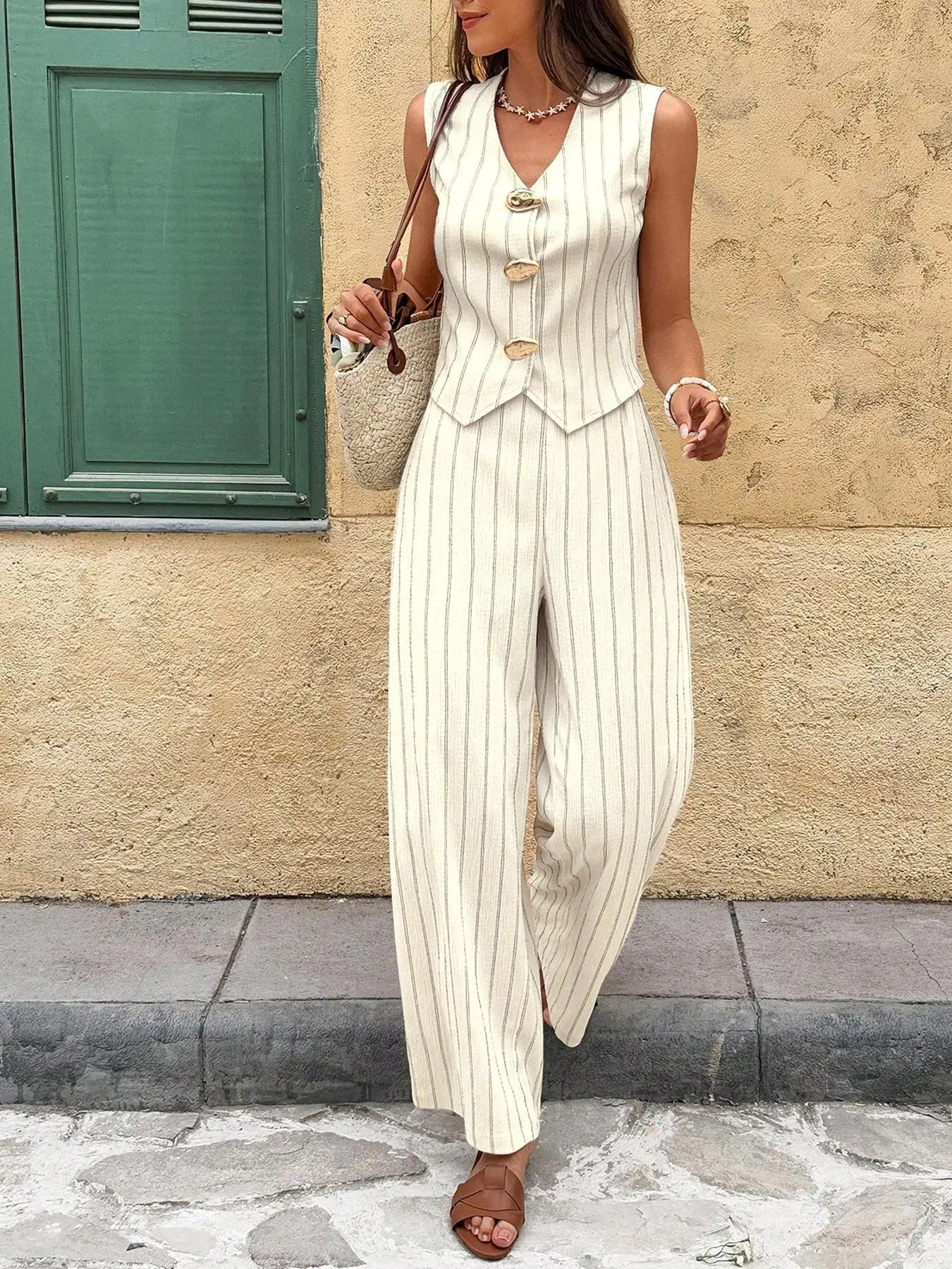 Women's Striped Two Piece Set V-Neck Button Vest Top High Waist Wide Leg Pants Elegant Business Casual Summer Workwear Outfit