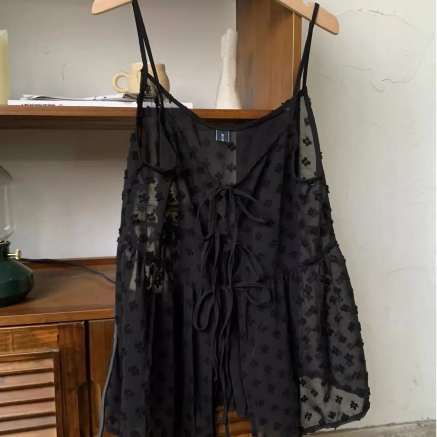 Korean Chic Mesh See Through Layering Camisole Solid V Neck Lace Up Spaghetti Strap Vest Summer Fashion Design Transparent Top