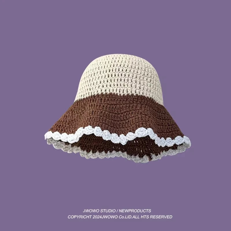 2023 Autumn New Crochet Korean Handmade Bucket Hat Women Weaving Knitted Hat  Fashion Flowers Autumn Winter Beanies Basin Cap
