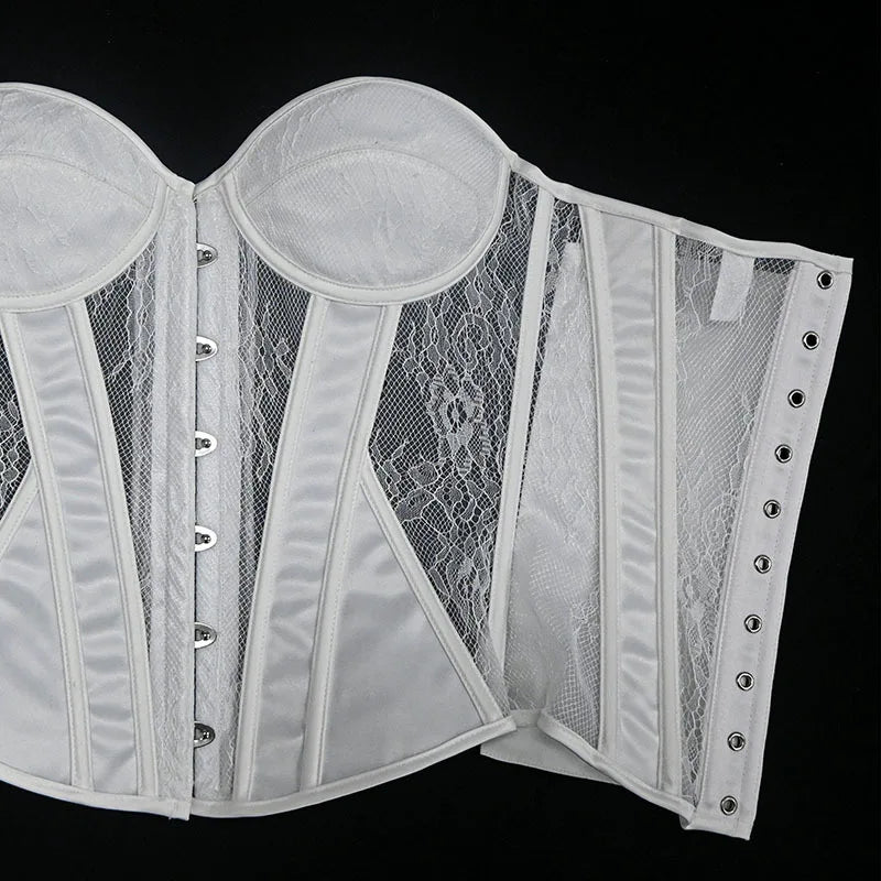 Women Fancy Corset Bustier Over Bust With Cups Bodice Lace Up Bone Tube Tops Wedding Party Satin Mesh Shaping Tops Wedding Party
