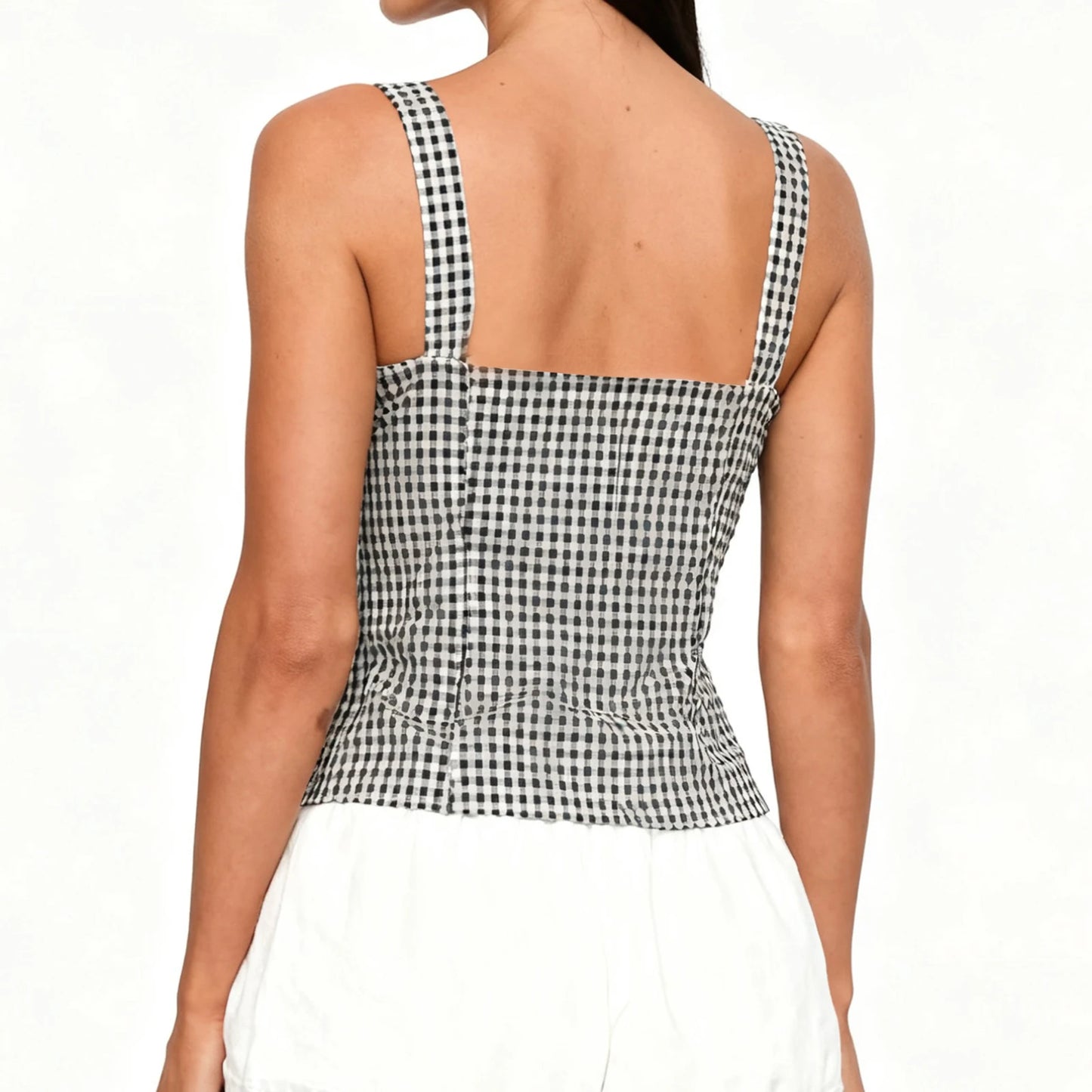 Women Camisole Sexy Fashion Sleeveless Square Neck Backless Buckled Plaid Tops Summer Vest for Party Club