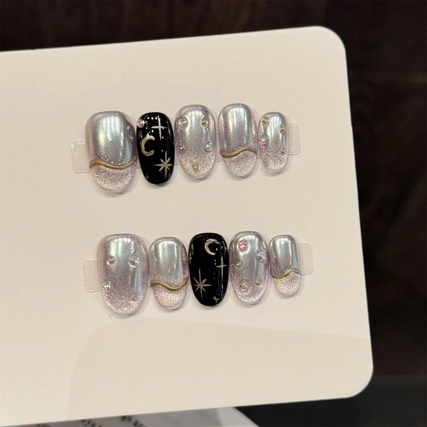 10pcs Sweet Stars Bow Handmade Fake Nails Press on Nails Gentle Cat's Eye Fake Nails French Tips Detachable Wedding False Nails