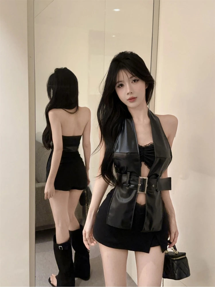 Y2k Aesthetic Two Pieces Set Women Streetwear Sexy Backless Pu Belt Tanks + Grunge Pleated Cropped Strapless Vest Summer Suit