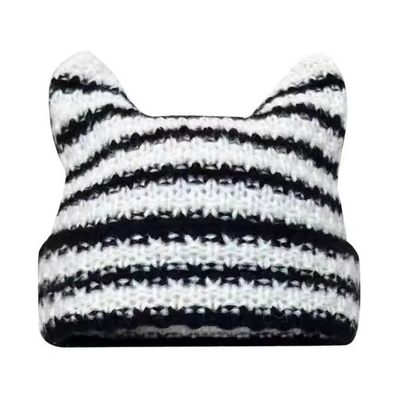 Y2K Cat Ears Striped Knitted Beanie | Inspired by Wonyoung