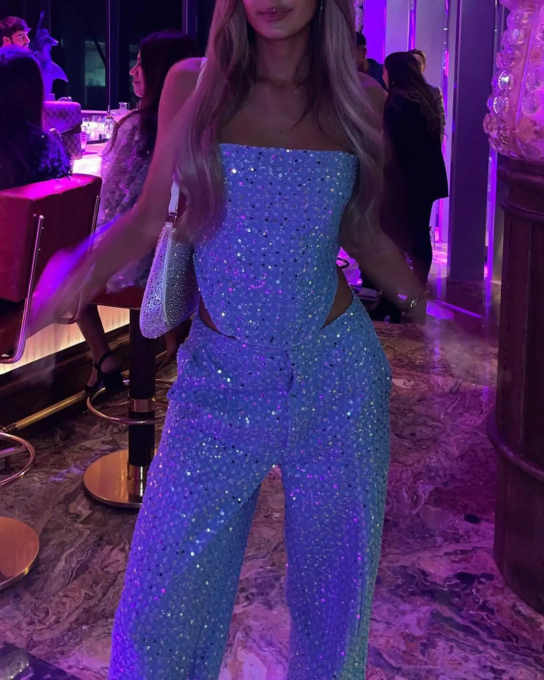 Women Luxury 2 Piece Outfit Sexy Strapless Crop Top & Glitter Denim Wide Leg Pants Set Slim Fit Birthday Party Clubwear Hottie